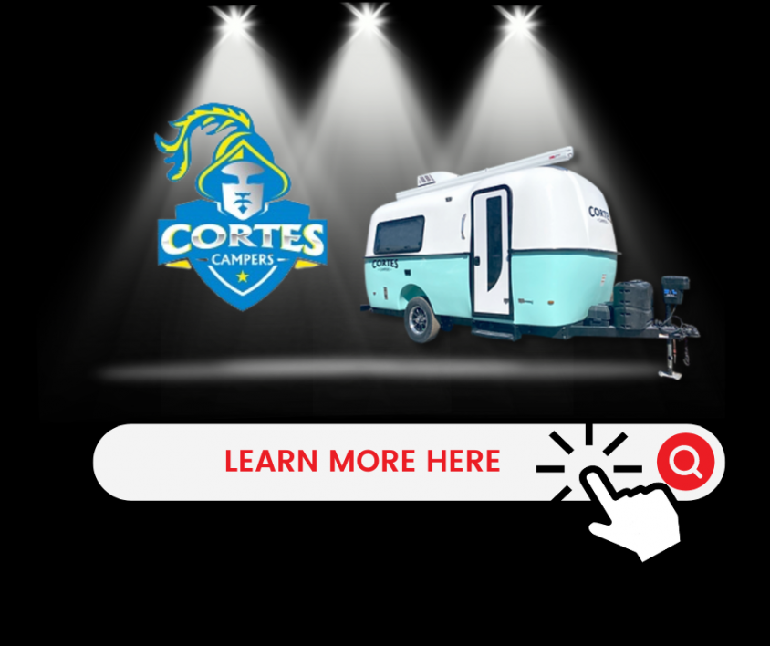 Cortes Campers logo and 2-toned blue & white camper